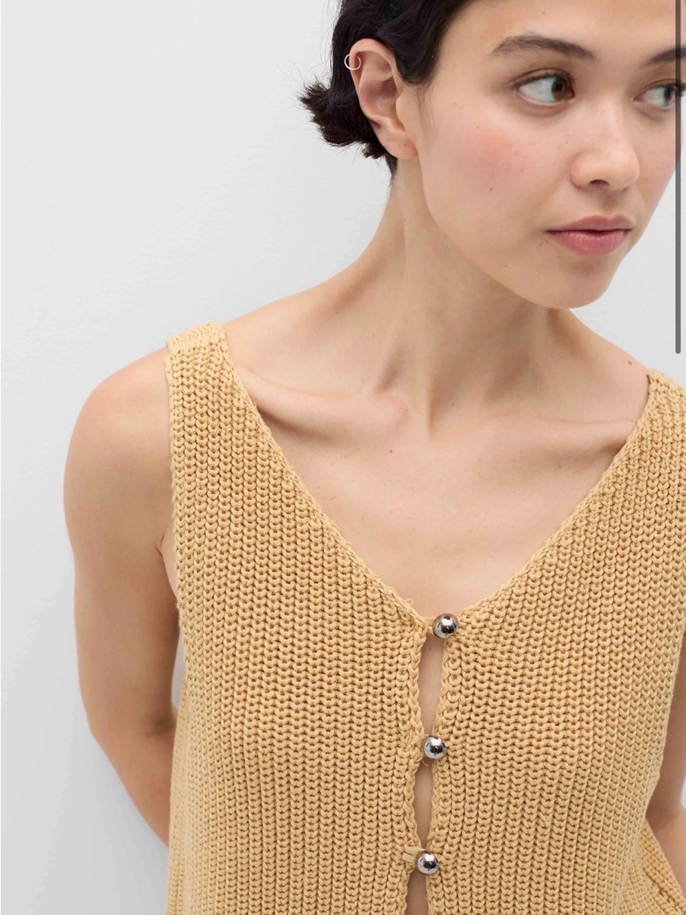 Rita Row Sleeveless Button-Front Knit Tank Top in Creamy Mustard - Picture 2 of 7